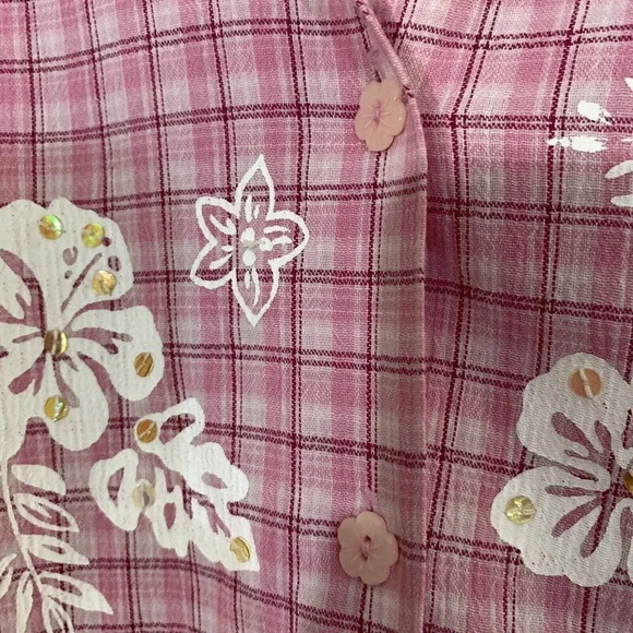 Koret Pale Pink Vintage Tropical Flower Buttons Gingham Sequin Size Large Retro - Picture 7 of 8